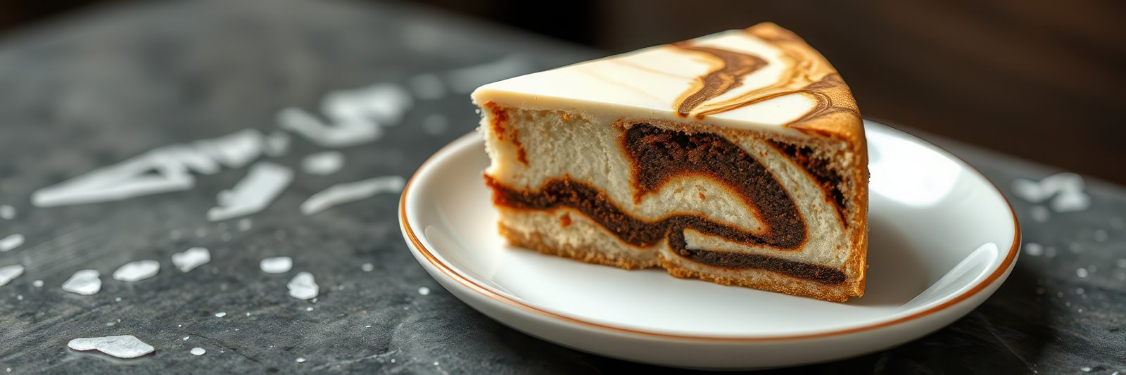 Delicious marble cake slice on a white plate with artistic swirl design placed on a dark table